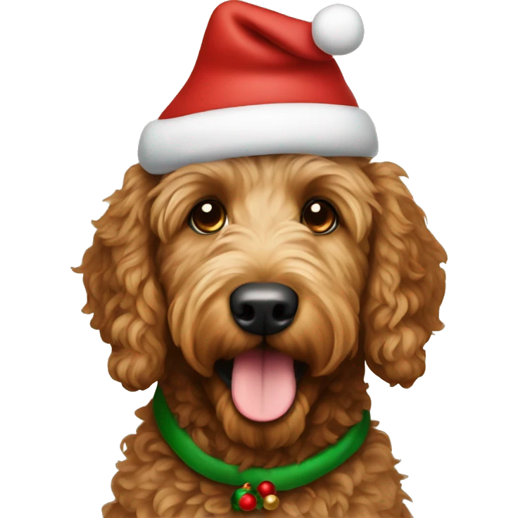 brown golden doodle wearing christmas hat emoji