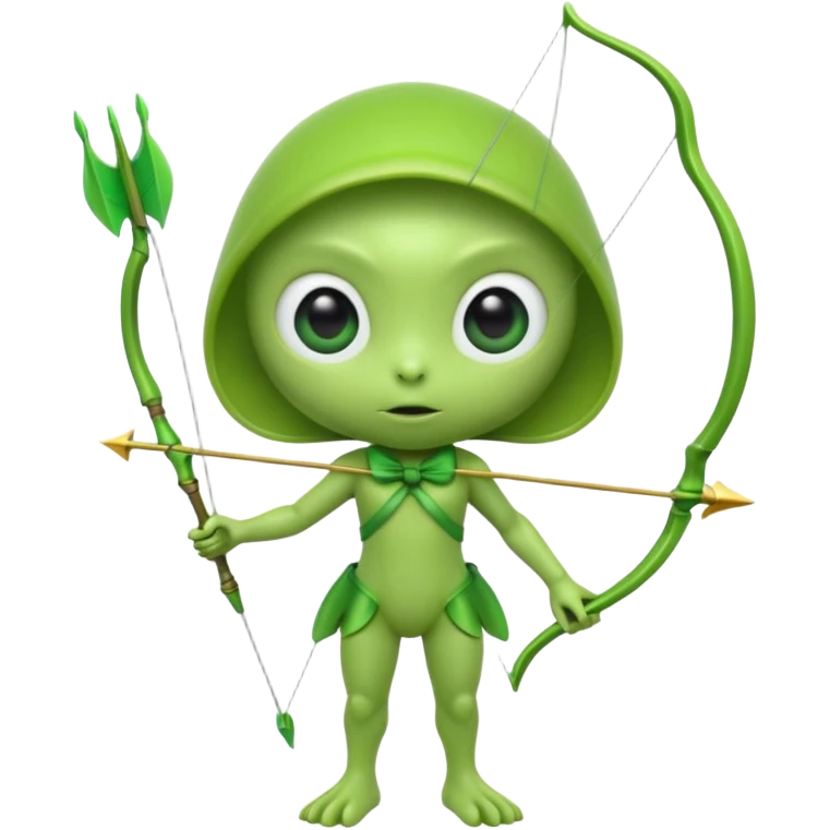 3D emoji-style green alien holding a bow and arrow, glossy texture, smooth skin, large expressive eyes, small humanoid body, minimalist background, soft lighting, Pixar-style rendering, high detail, cute but slightly serious expression, clean centered composition emoji