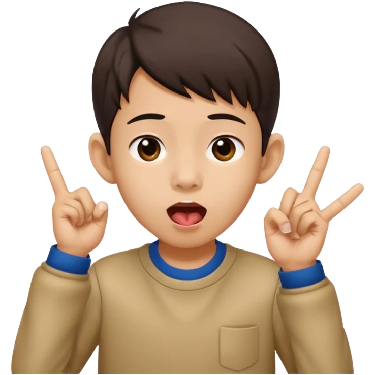 a boy with asian eyes holding his ears out with 2 fingers and with his tongue out emoji