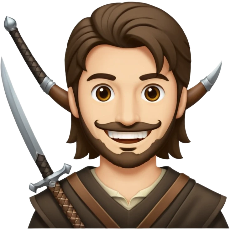 Haz que tenga una sonrisa epica una cicatriz en el ojo serrado y una espada entre los dientes y dos más a cada lado. emoji