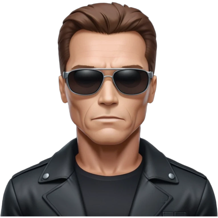 Schwarzenegger-like Terminator, upper body only, wearing his iconic clothes in black (all clothes must be black), looking more human with minimal robotic details, and wearing dark sunglasses, view from the side emoji