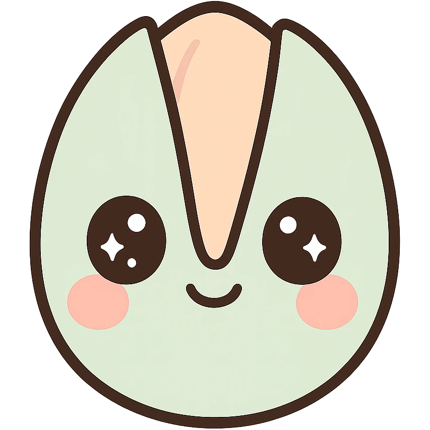 a cute pistachio nut with big sparkling eyes, kawaii style, pastel colors, blushing cheeks emoji