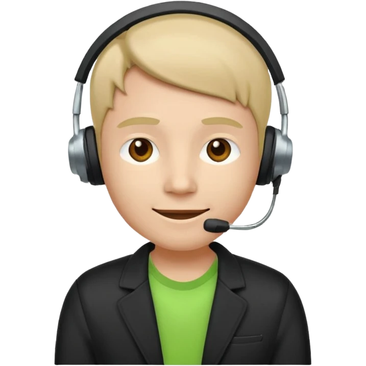 A modern flat emoji depicting a call center employee wearing a light green T-shirt and black jacket, with a headset, a friendly expression, a minimalist design, bright colors, and a white or transparent background. emoji