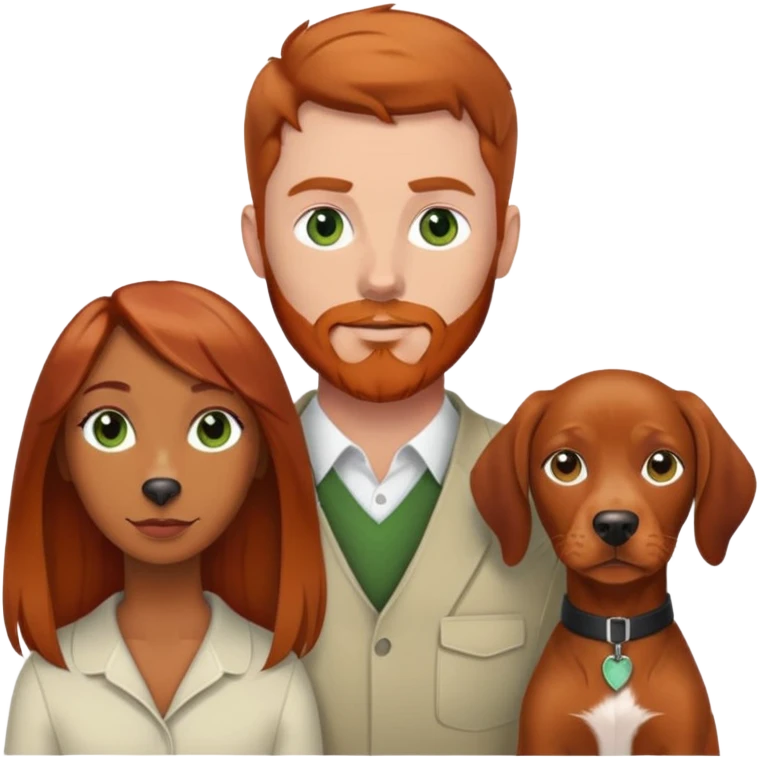 White male with green eyes red beard and brown hair and a tan female with brown eyes and balayage long hair and vizsla dog emoji