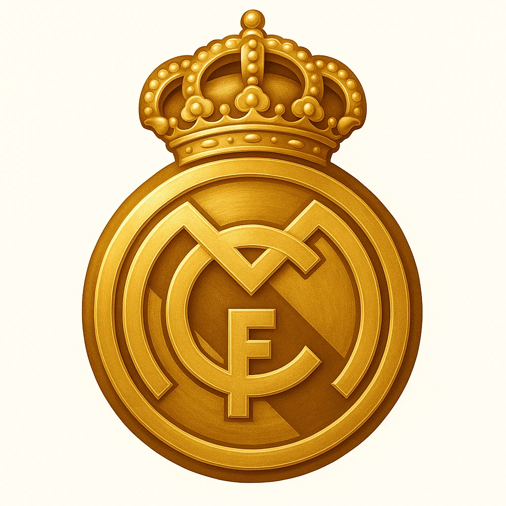 Add a luxurious golden effect to the Real Madrid logo in an emoji style with a simplified design. The style should reflect the look of emoji art with a focus on golden luxury and simplicity in design. emoji