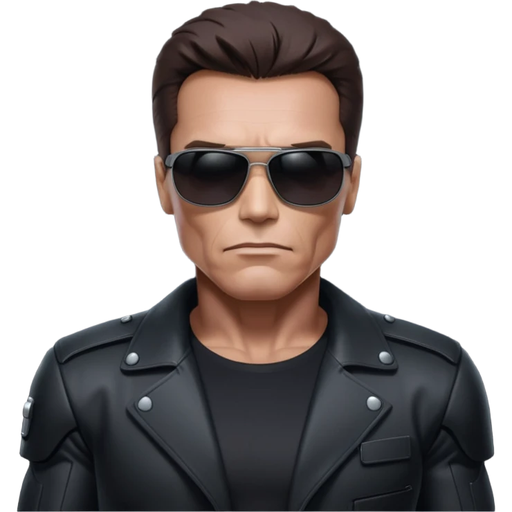 Schwarzenegger-like Terminator, upper body only, wearing his iconic clothes in black (all clothes must be black), looking more human with minimal robotic details, and wearing dark sunglasses, hair must be dark emoji