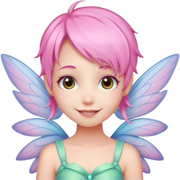 A tiny pastel fairy with pink hair with glowing wings and a sweet smile  emoji