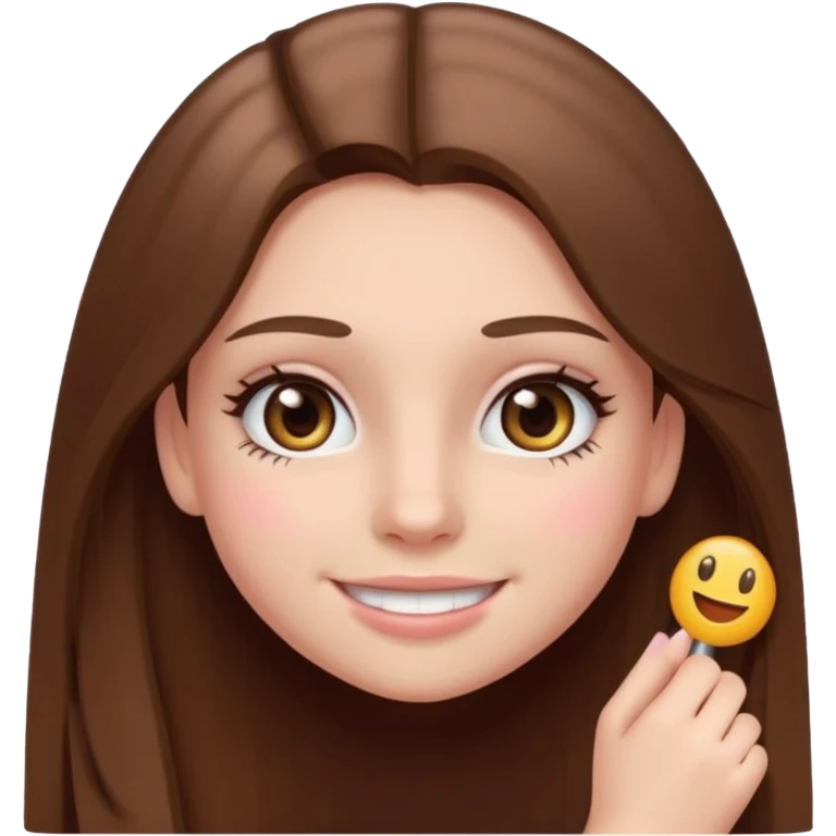 teenage girl with straighter long brown hair, hazel eyes, wearing blush and mascara, emoji style, smiling emoji