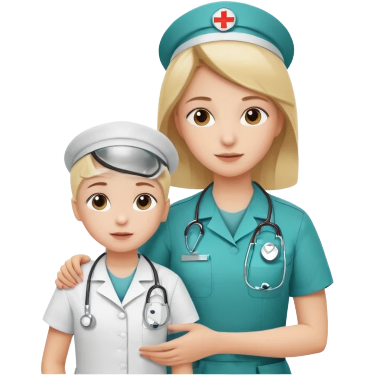 A young medic (woman) attending to a child at the local hospital emoji