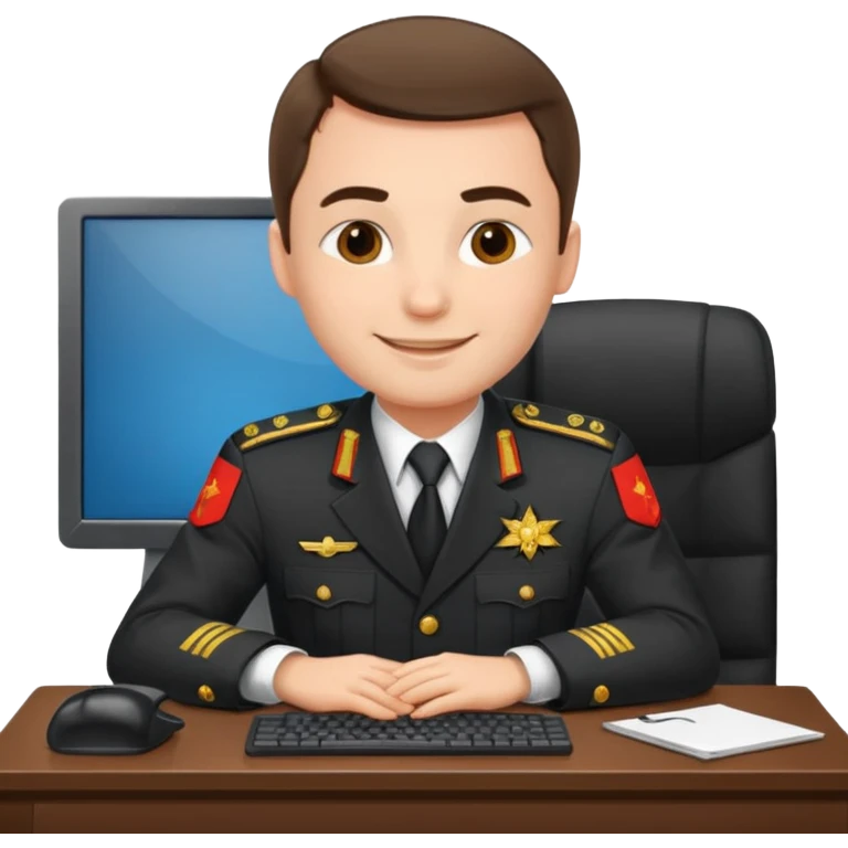 Мужчина в российской прокурорской форме, сидит за компьютером с улыбкой emoji
