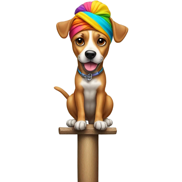 A dog dancing on a pole wearing flippers and a turban emoji