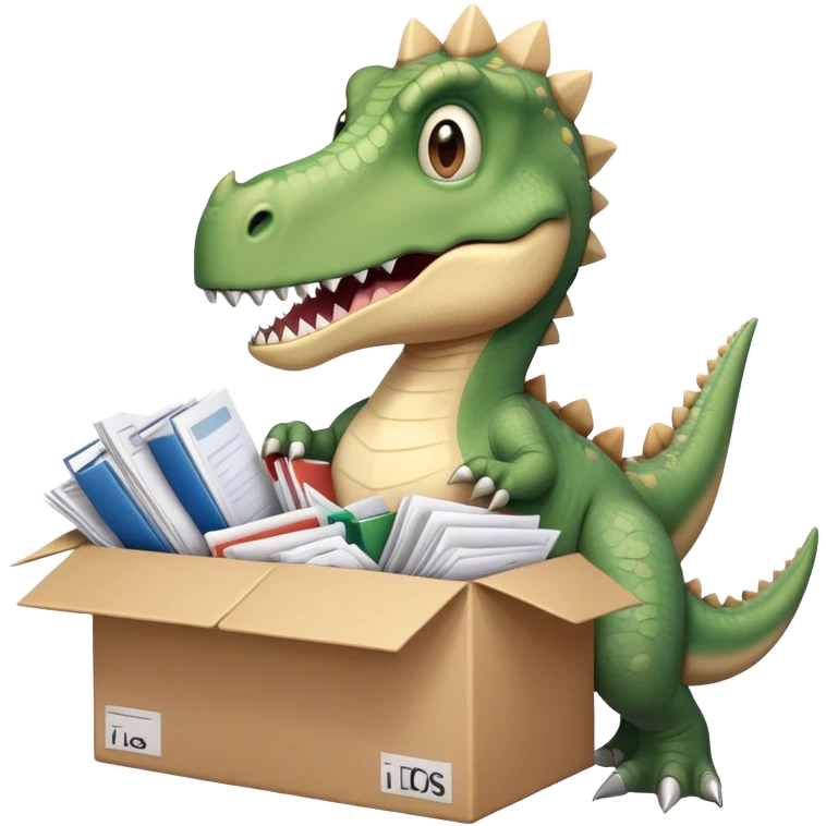 office dinosaur holding a huge boxe bursting with a lot of documents and papers emoji