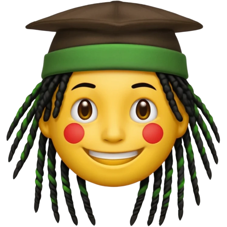 Yellow smile emoji with black dreads and a hat with yellow at the top red in the middle and green at the bottom emoji