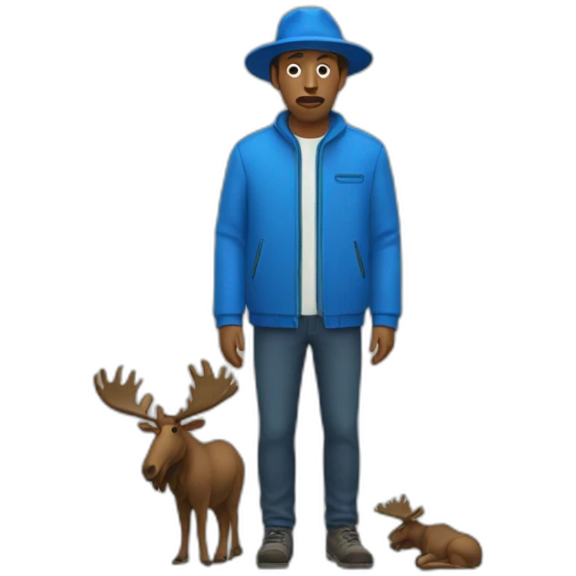 Man with blue jacket and cap with dead moose emoji