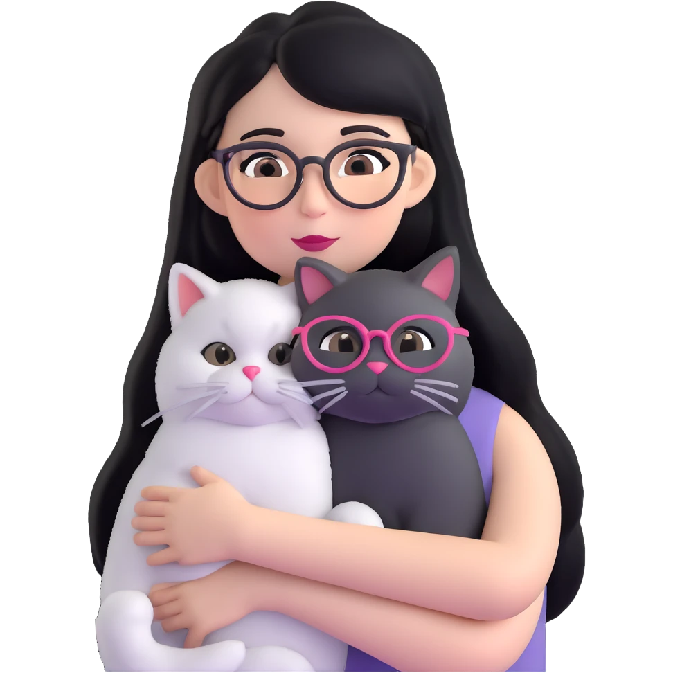 Skinny woman with oval glasses, long straight black hair, pink cheek blush, wearing white sleeveless top, hugging a grey Persian-Angora cat, plain background emoji