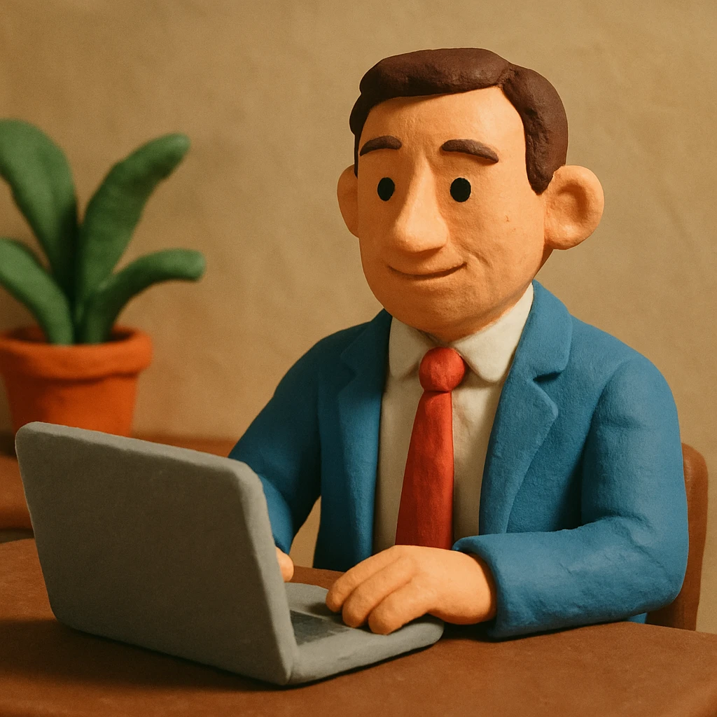A 35-year-old male business coach sitting at a table with a laptop emoji