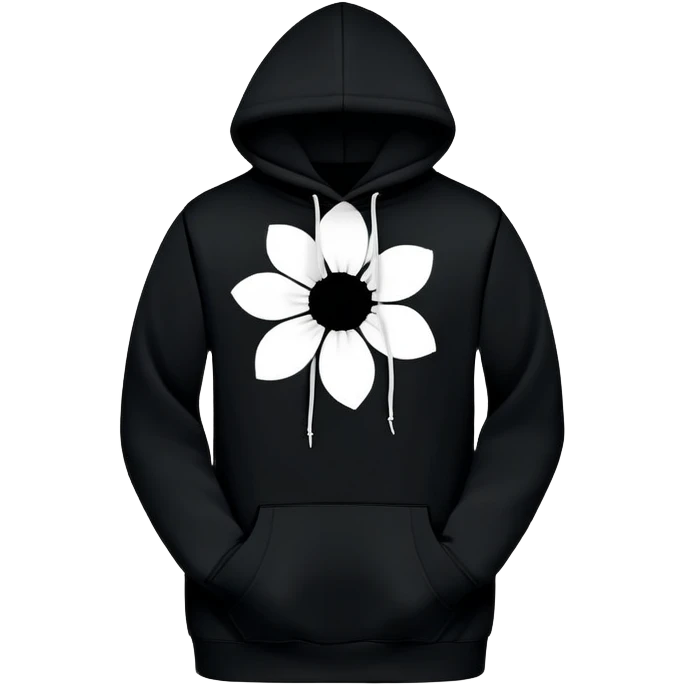 The BLACK Hoodie features a black base with distinctive white and black  open flower spots with empty space in the middle, These hollow ring-like patterns are scattered across. BLACK AND WHITE FLOWERS SPACED OUT FLOWERS, AND ONLY A FEW FLOWERS AND NO DOTS emoji