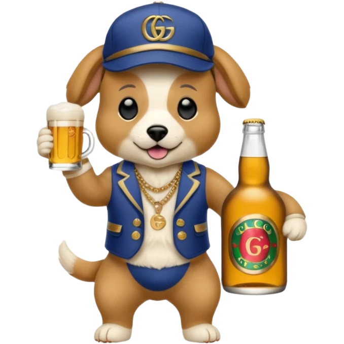 Ein Hund der talahon ist und Bier trinkt mit gucci cap und gucci Tasche  emoji