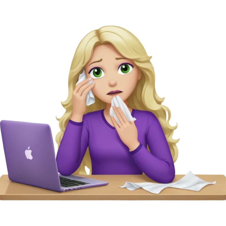 lady with long wavy blonde hair, purple top, green eyes, at desk with hand holding tissue to her eye and crying, with a purple mac laptop  emoji