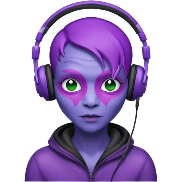 headphone wearing alien, purple haired emoji