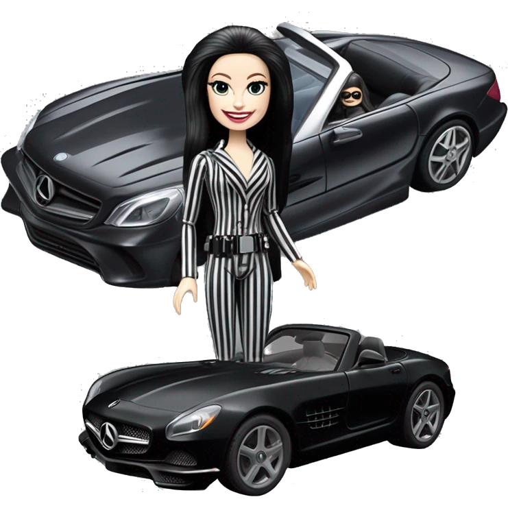 Darth Vader Barbie, 1910 teen Morticia Addams from academy, in dark-gray and black striped outfit. Smiling Driving Mercedes convertible sports car. Pale-white porcelain skin.  emoji