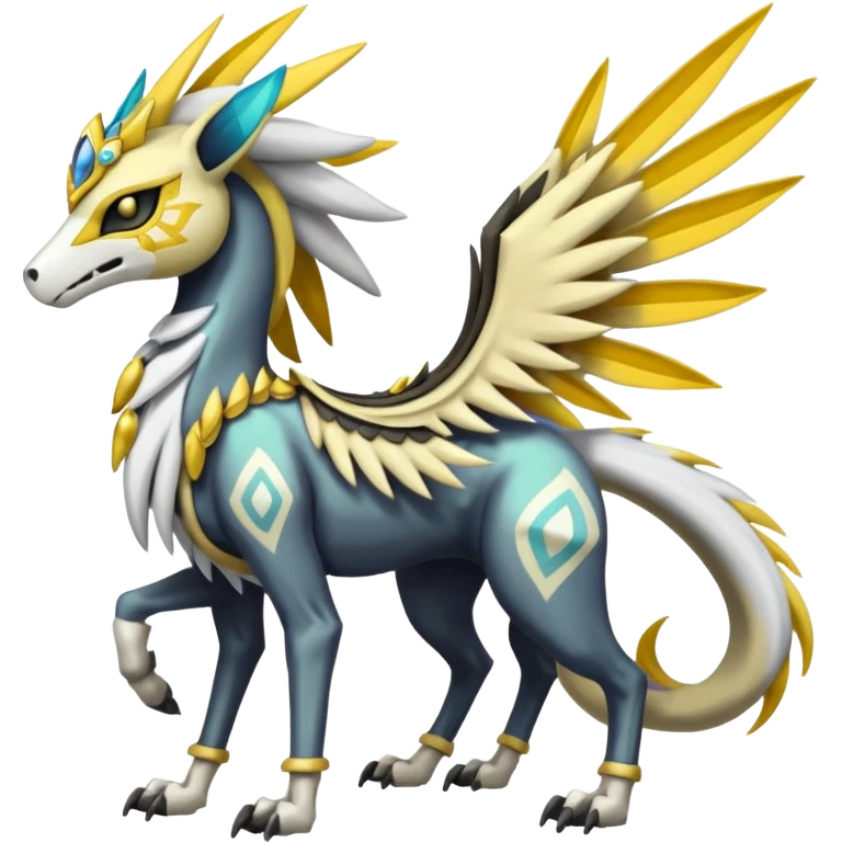 Colorful Skeletal masked armored Meloetta-Manectric-Silvally-Solgaleo-Raikou-Pokémon-Digimon-Fakémon-fusion-hybrid-creature, full body emoji