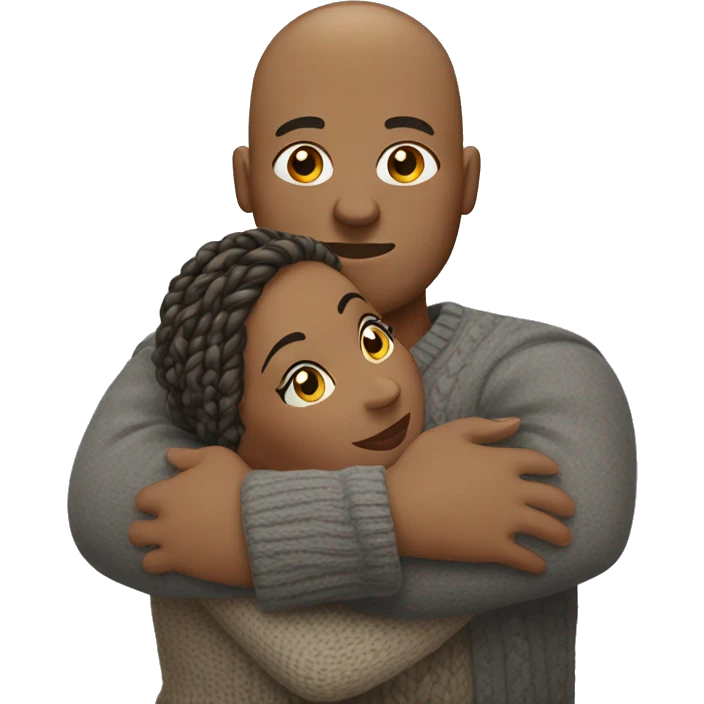 Black bald man in grey sweater hugging a overweight light brown woman with braids in a sweater dress emoji