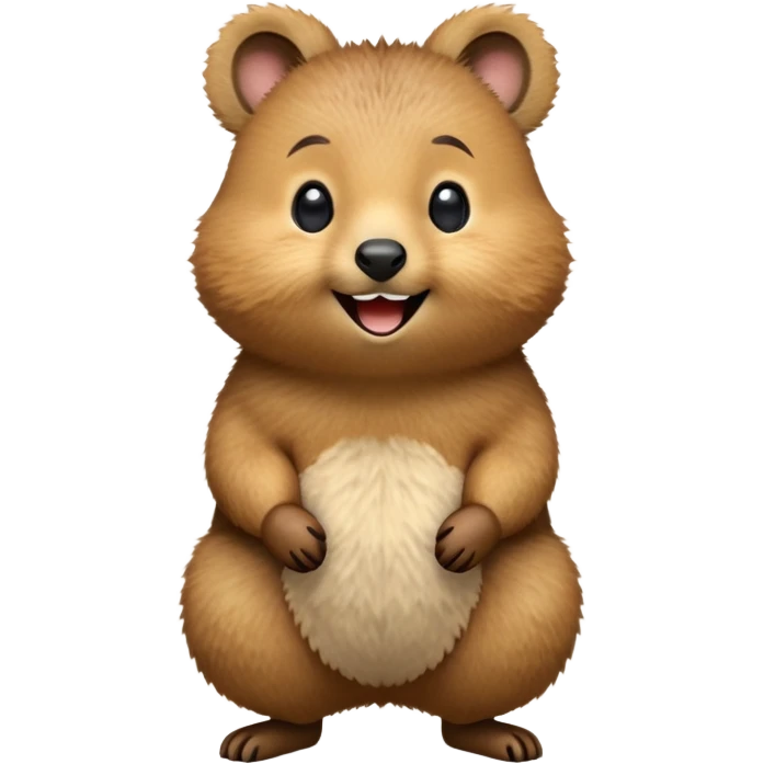 cinematic-quokka-realistic-emoji,-small-round-frame-balanced-on-tiny-strong-hind-legs, head tilted in an endearing manner, comical smil, giant-fluffy-cheeks-large-smile-fluffy-brown-fur-radiating-a-warm-softness,-big-round-eyes-filled-with-joy, realistic emoji zoomed in emoji