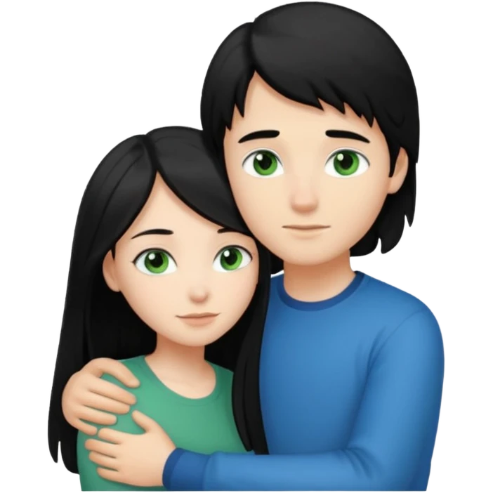 Make a couple hugging the girl is white with long black hair with blue eyes. The girl is hugging a boy with light brown short hair with green eyes. emoji
