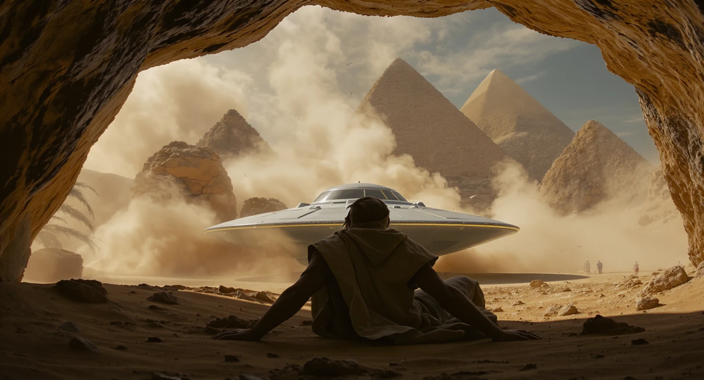 cinematic still, documentary photography, acient egypt, back shot of a man dress in ancient clothes in cave (frame in frame effect) on ground laying front of small ufo starship, sand flying around, palms, dynamic scane, leading lines, captured by arri alexa, depth layers, piramids in babckground emoji