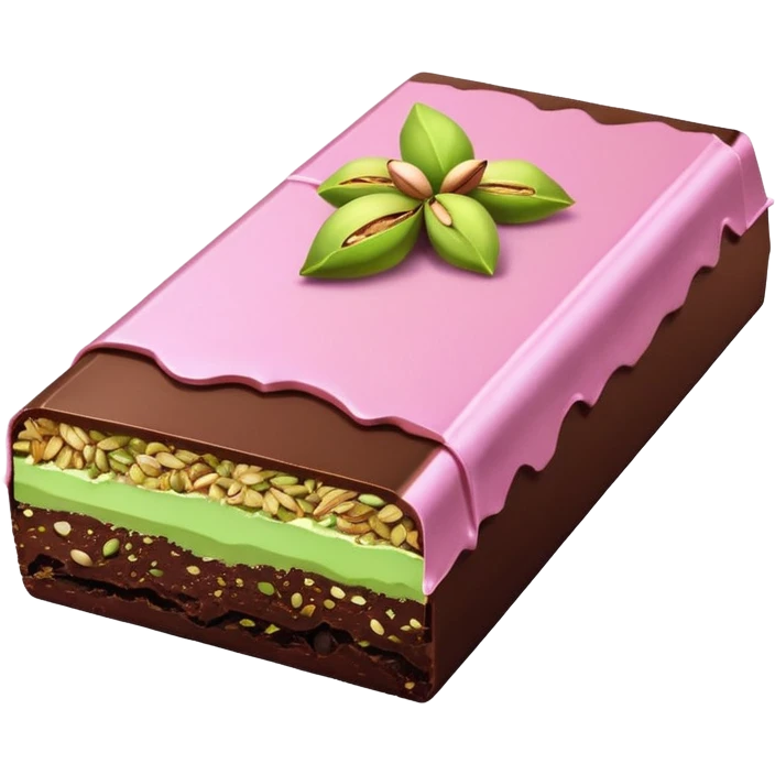 chocolate partially wrapped in elegant pastel pink foil, the top half broken to reveal rich pistachio cream and crispy kataifi strands inside, glossy chocolate surface, detailed texture emoji