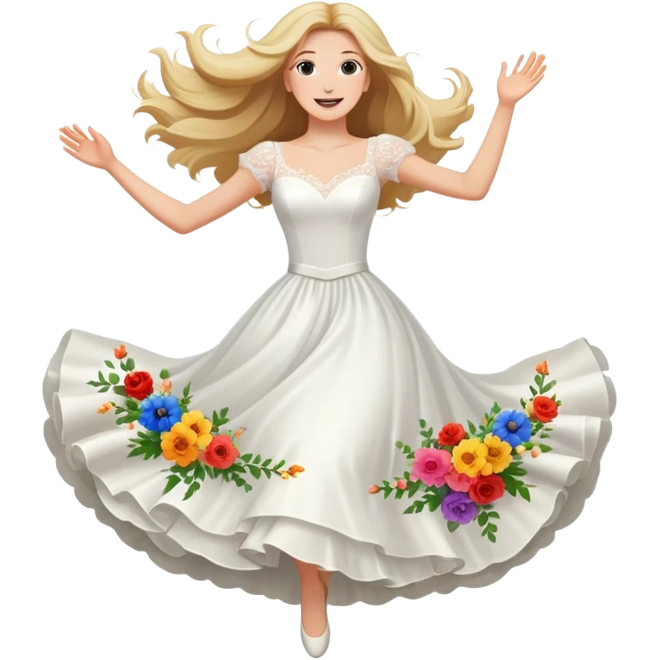 White woman - long hair - white wedding dress - happy - jumping - fashion - elegant - flowers - dreamy - colorful emoji