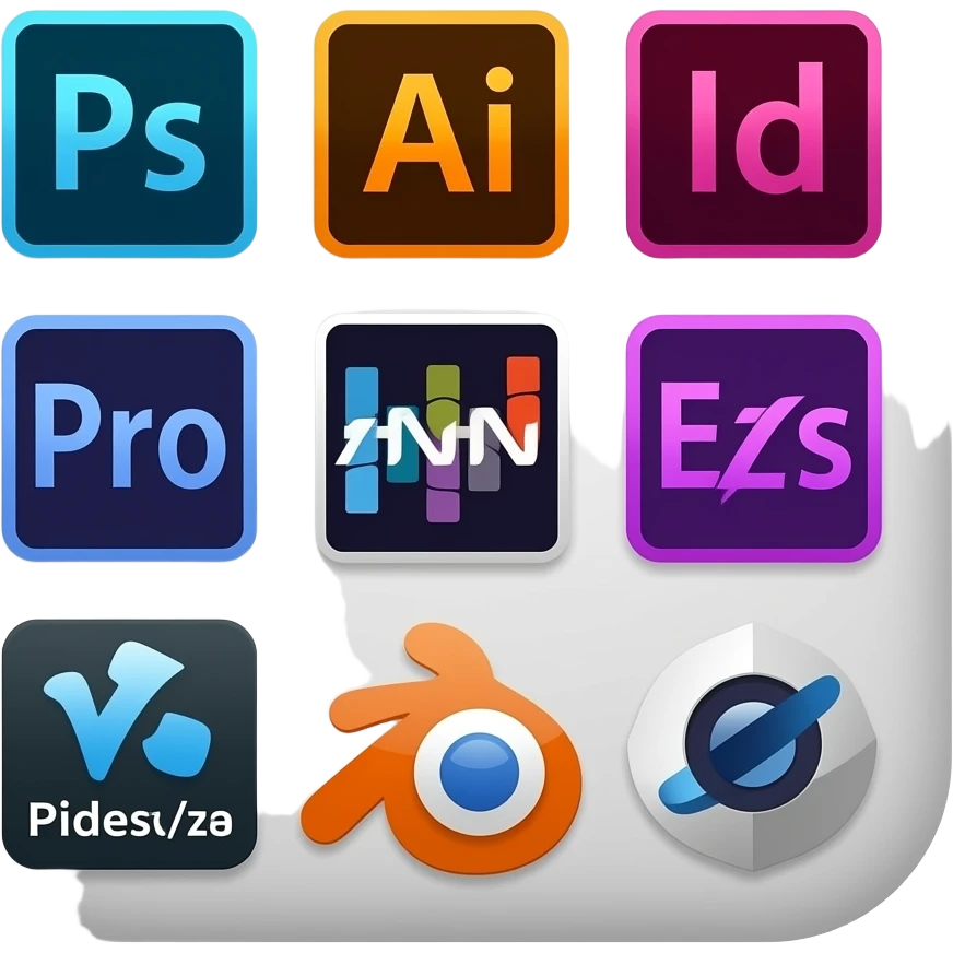 un carre avec l'icone des logiciels suivant: photoshop, illustrator, indesign, premier pro, after effects, davinci resolve, blender, cinema 4D emoji