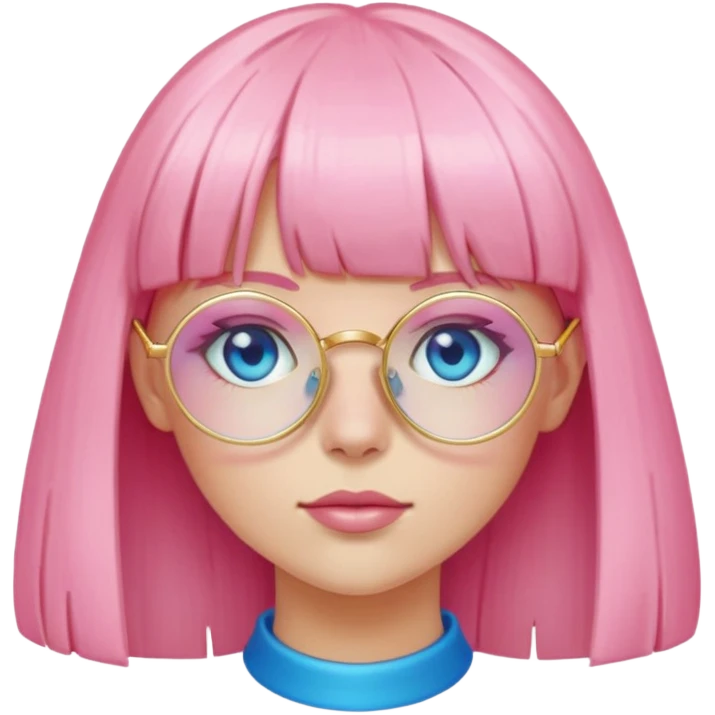 A pink straight haired girl with bangs, circular golden glasses, light skin and blue eyes emoji