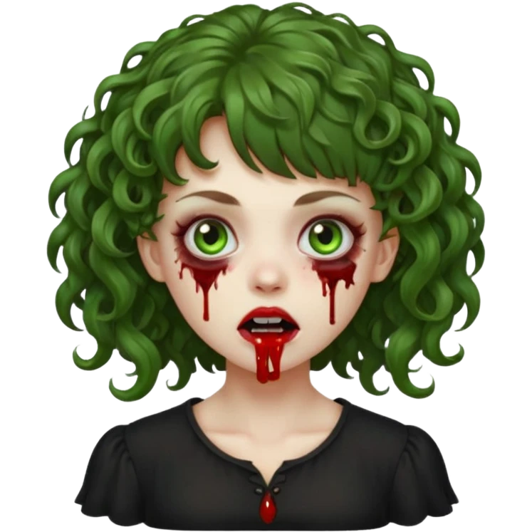 Green zombie emoji girl with curly Brown hair, with curly bangs, wearing a black bluse, blood Just in the tongue  emoji