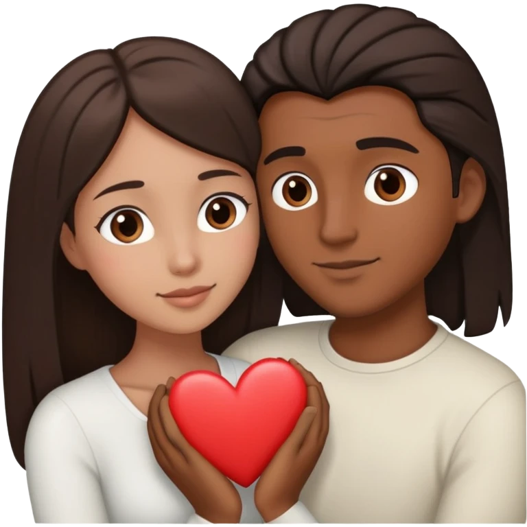 A couple embracing, man with mestizo brown skin and short straight dark brown hair, woman with fair skin and long dark brown hair, with white hearts around them emoji