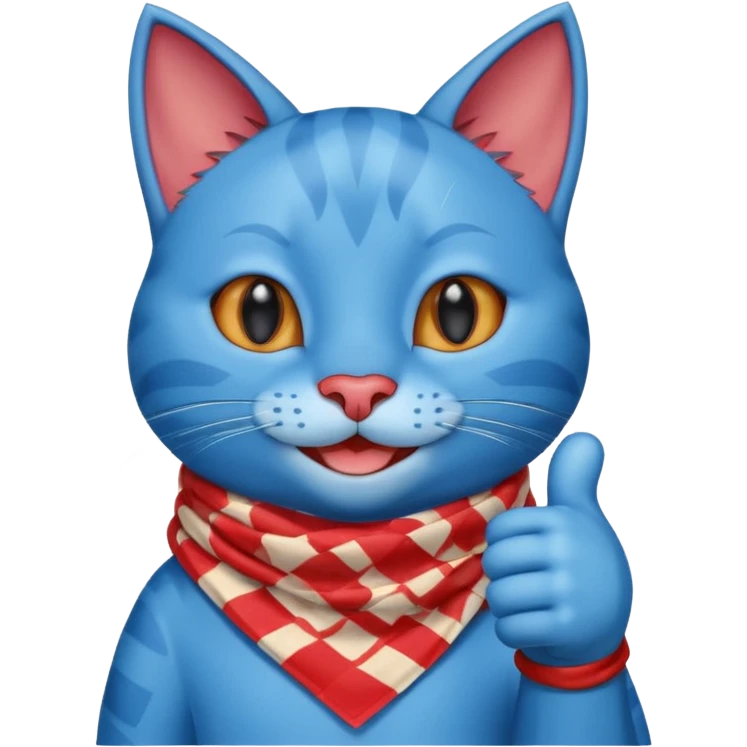 A Blue Cat smiling and giving thumbs up, wearing red Checkered Triangle scarf emoji