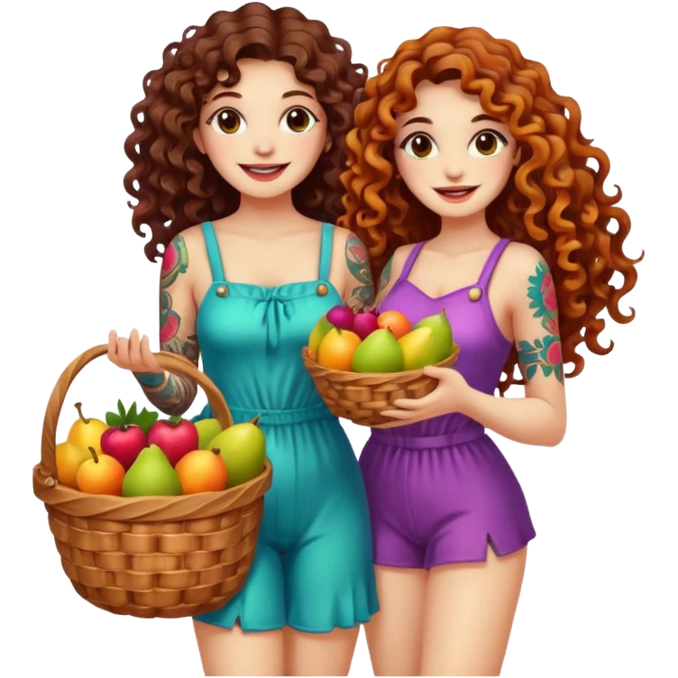 full body woman long curly brown hair brown eyes white skin tattoos holding basket of psychedelic fruits, teasing smile emoji