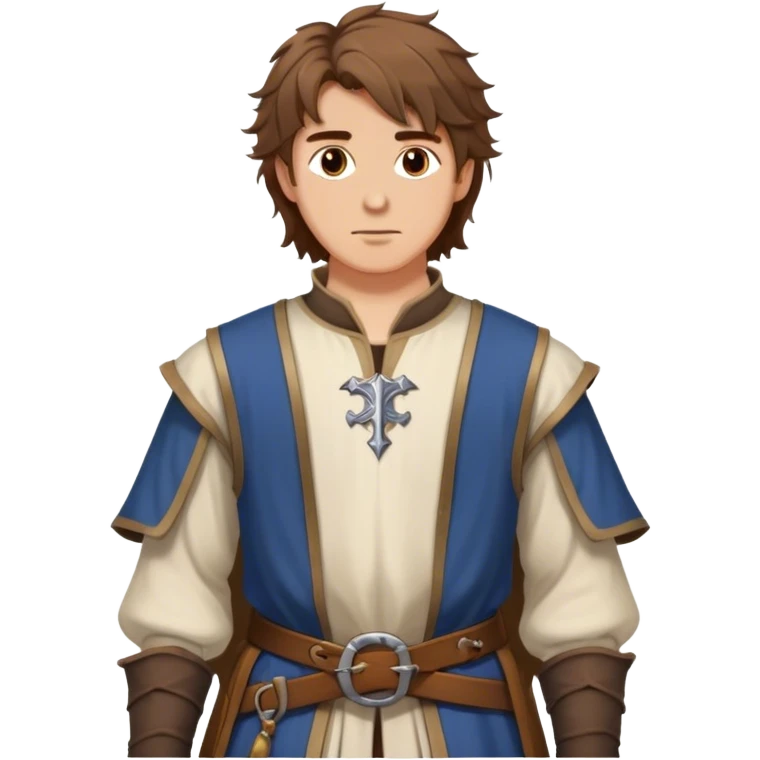 medieval outfit worn by a DnD themed fantasy character. basic low level clothes. clothes only above the waist. The clothes full waist. The character's haven't arms. character is brown hair brown eyes messy hair white man. emoji