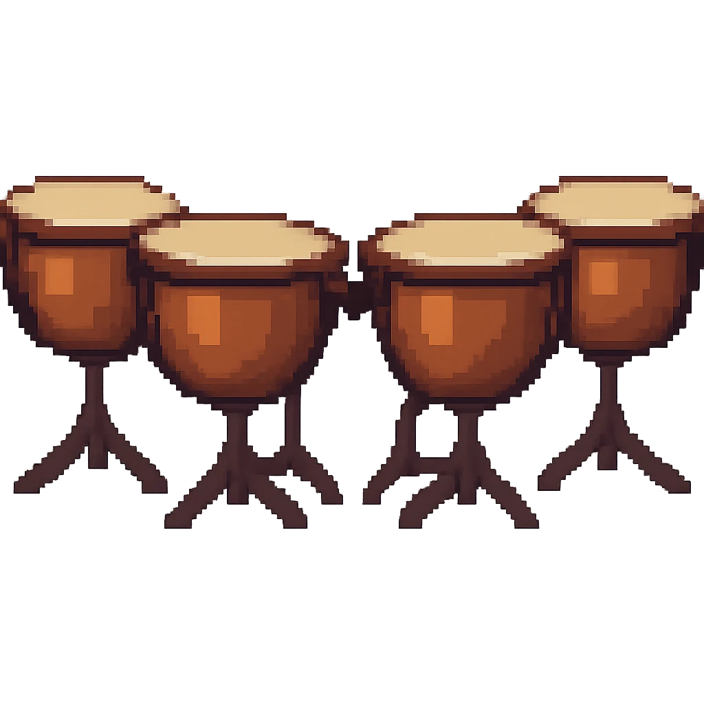 Pixel art style depiction of exactly four timpani drums, no player, all drums brown, with no background, isolated on transparent background. emoji