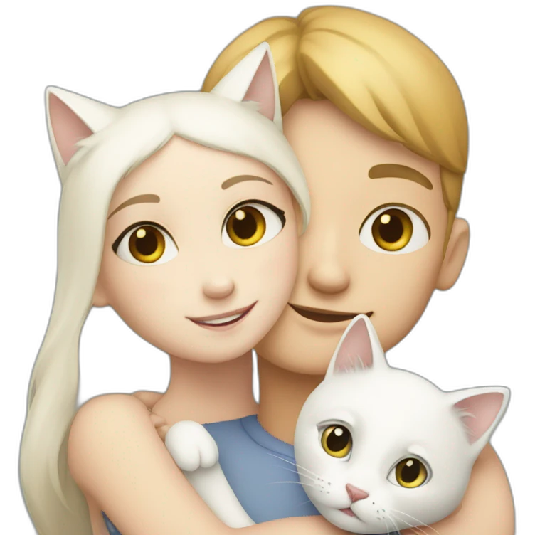 Girl and boy together hug two white cats emoji