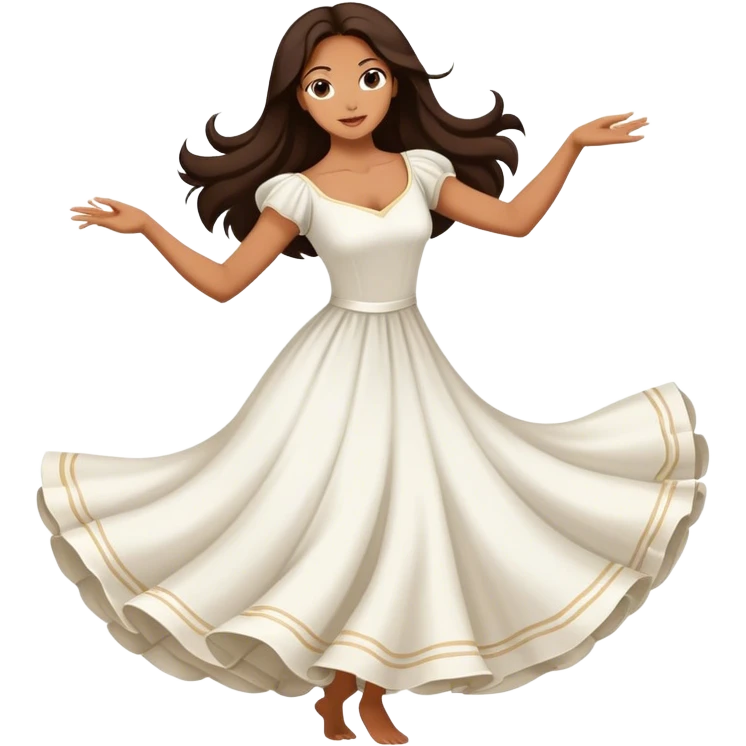 Beautiful woman in 1950’s woman fashion look, white dress, long dark brown hair, balboa dance emoji
