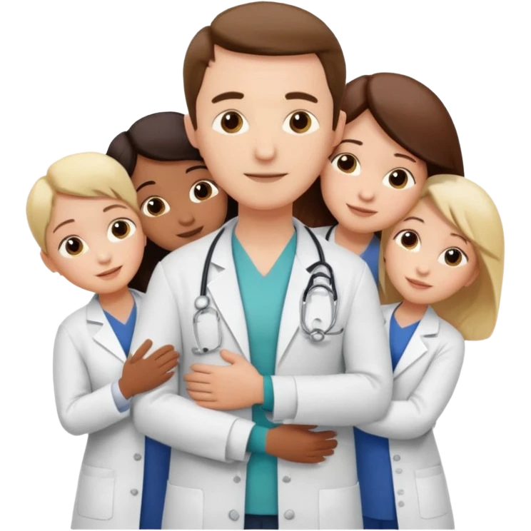 smedico abraçando varios pacientes, ele usando jaleco, e os pacientes usando roupas comuns emoji