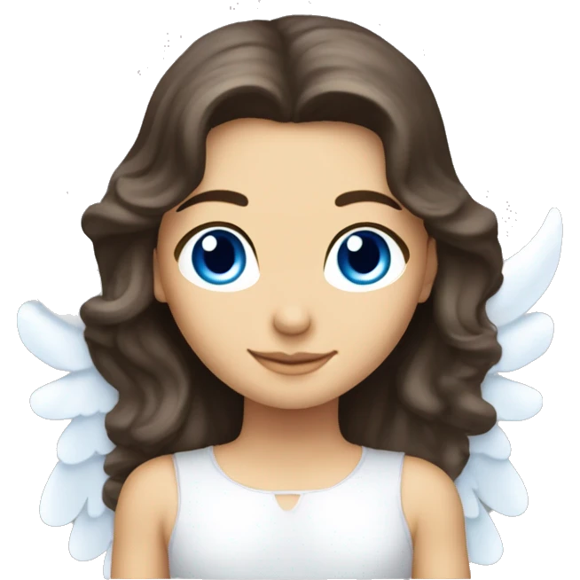 Caucasian brunette angel with long hair, dimples, big blue eyes, halo and wings emoji