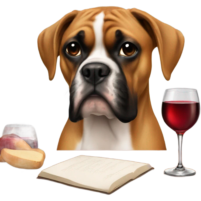boxer dog drinking wine next to young blonde girl emoji
