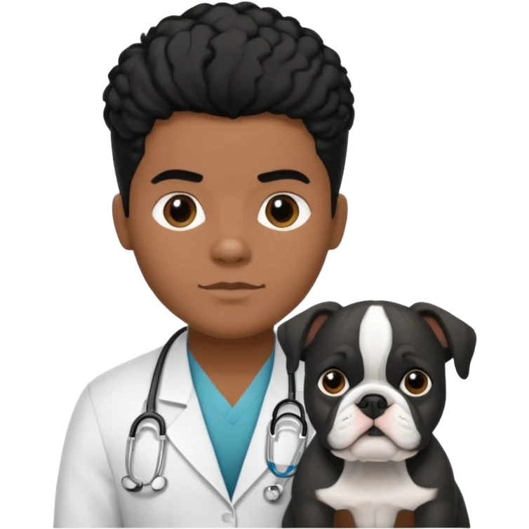 joven médico con el pelo un poco largo pero no tanto y lacio, que tenga un estetoscopio de color de piel tez negra calida !!! que sostiene un bulldog francés blanco y negro  emoji