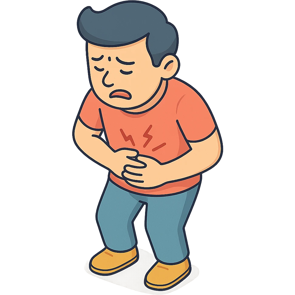 A person (patient) with a stomach ache, standing, holding their stomach and grimacing in discomfort, close-up, 2D isometric style, more detailed character, soft rounded shapes, detailed shadows and highlights, clean contours, pastel palette, modern illustration, transparent background emoji