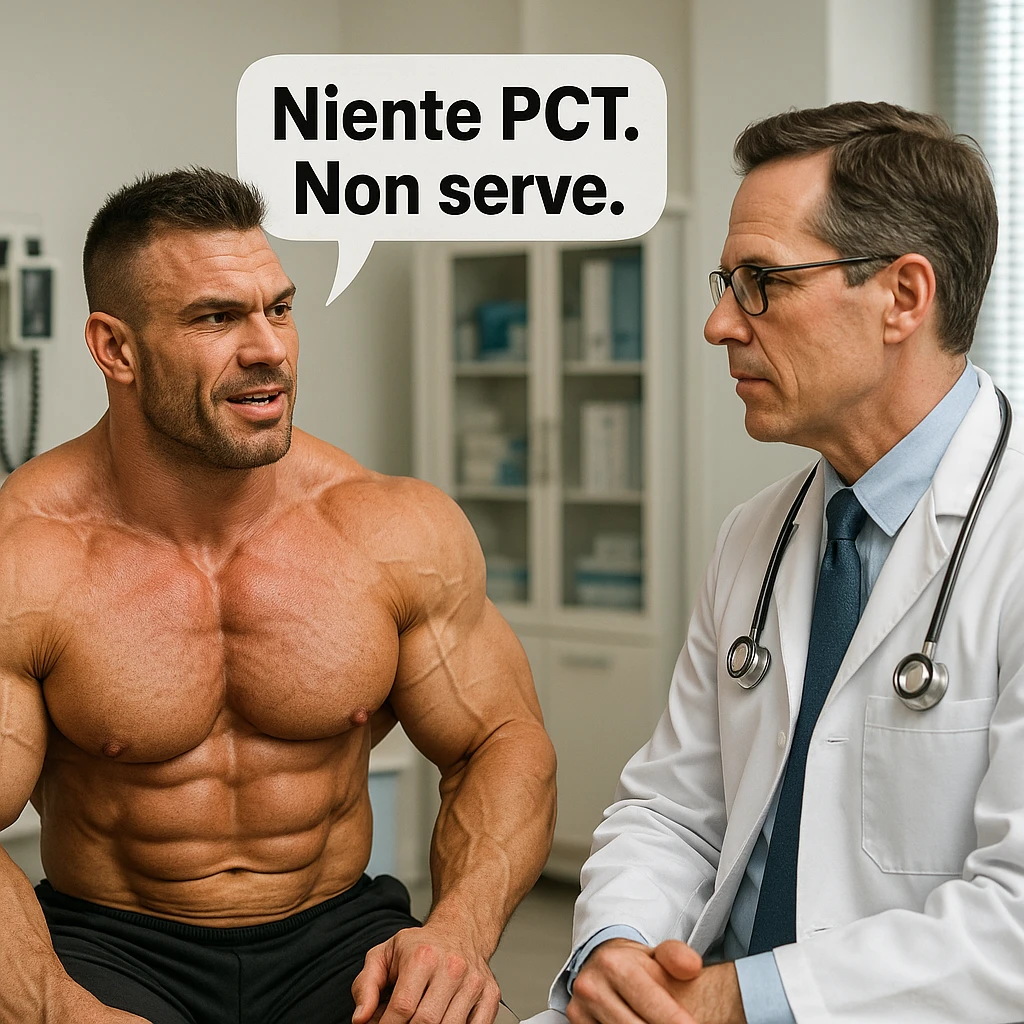 bodybuilder che dice ad una dottore "Niente PCT, Non serve", iper realistica emoji