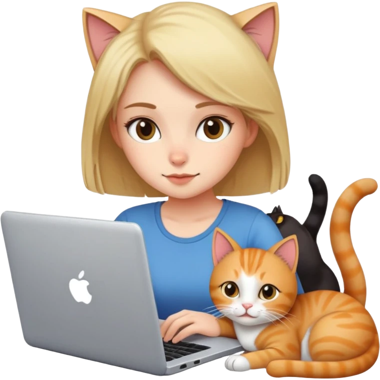 A girl is working on a laptop with a cat lying next to it emoji