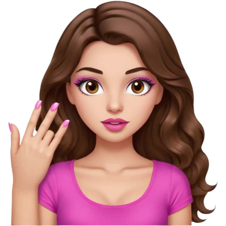 girl with long wavy brown hair, brown eyes, light to medium complexion, in a pink sexy top, pink puckered lips, long lashes, showing a manicure emoji
